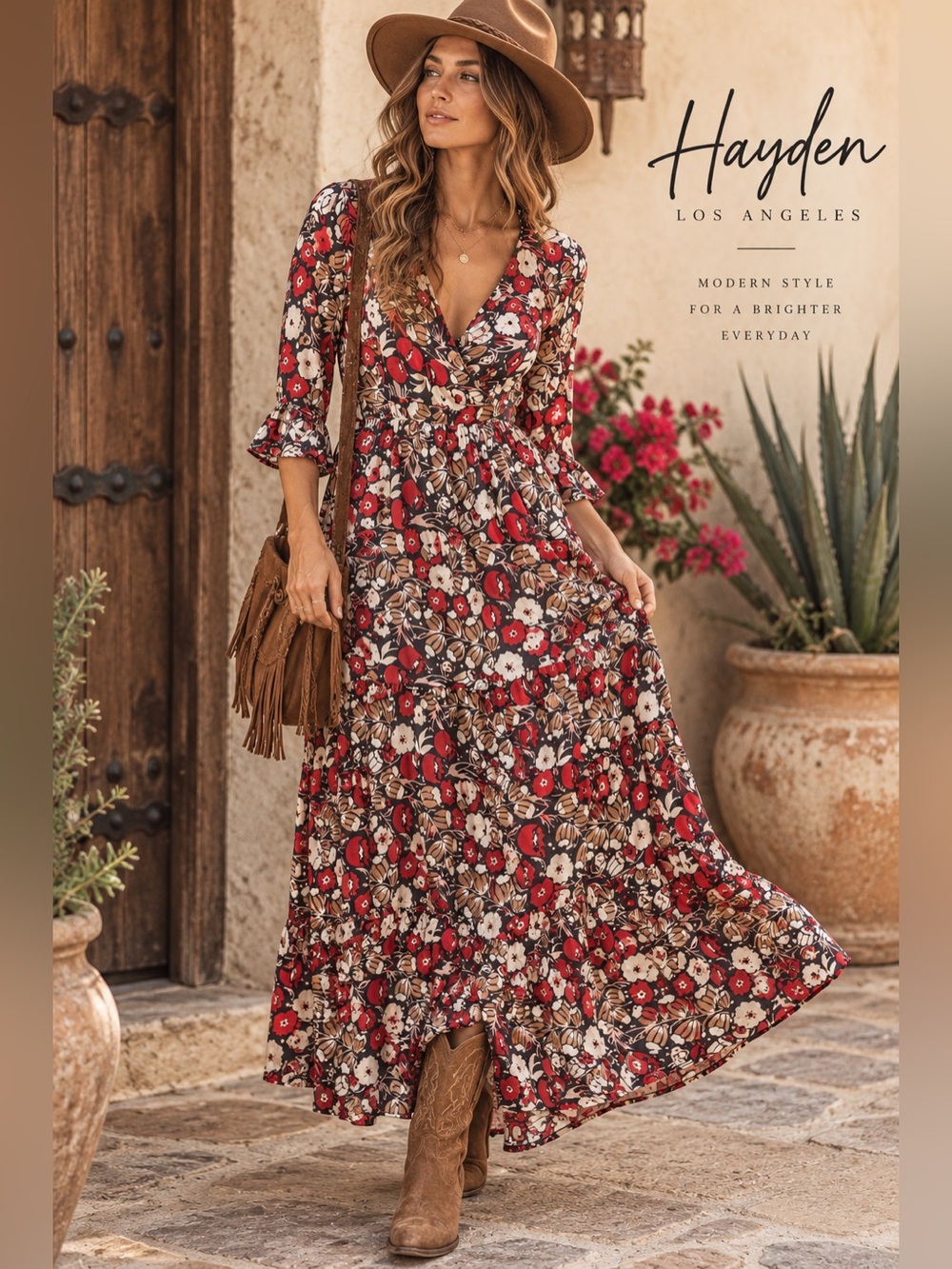 Hayden Los Angeles Floral Wrap Maxi Dress M Red Cream Tiered Western Boho Modest